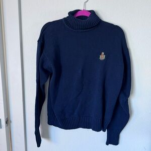 VTG Charter Club Women Navy Cotton Turtleneck Cable Sweater M Fisherman Core